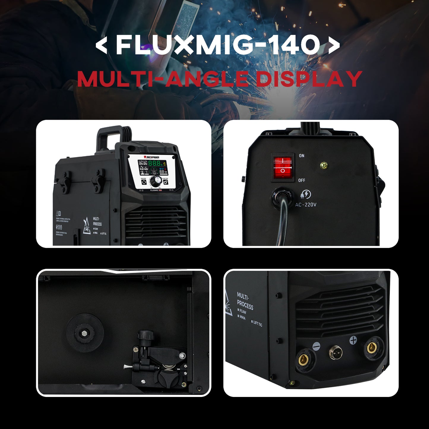 FLUXMIG-140 Flux Core Gasless/Lift TIG/Stick 3-in-1 MIG Welder with automatic start/stop fan. (EU PLUG / 220V)