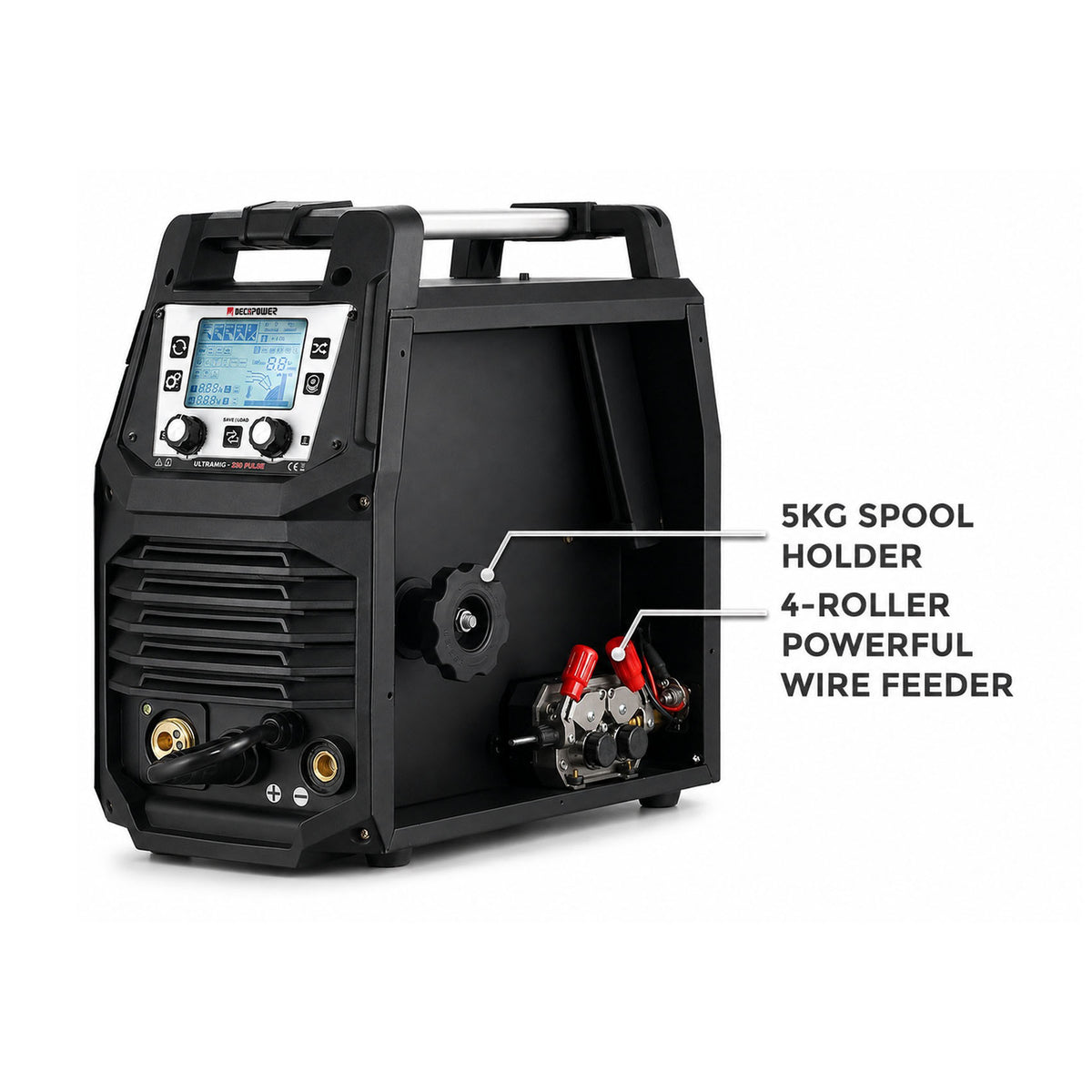 ULTRAMIG-230 open side compartment showing the 5 kg spool holder and 4-Roll Wire Feeder