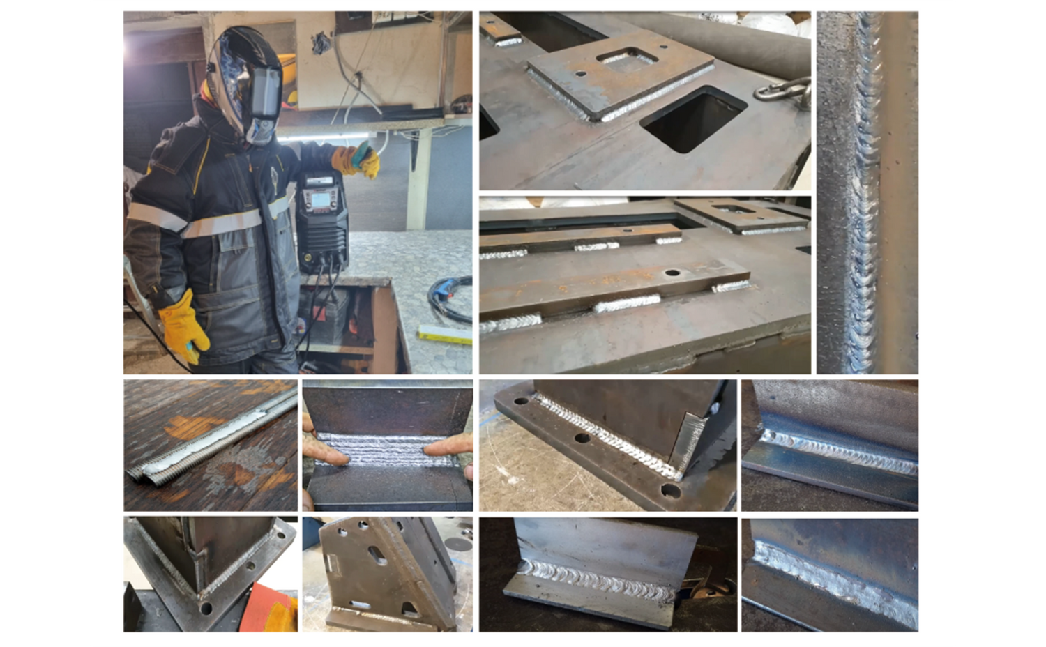 DECAPOWER XTRAMIG 200 workshop welding demonstration and close-ups of weld beads on metal workpieces