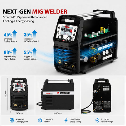 ULTRAMIG-230 EXPERT MIG welder cutaway showing cooling, MCU control and 500 × 240 × 440 mm dimensions