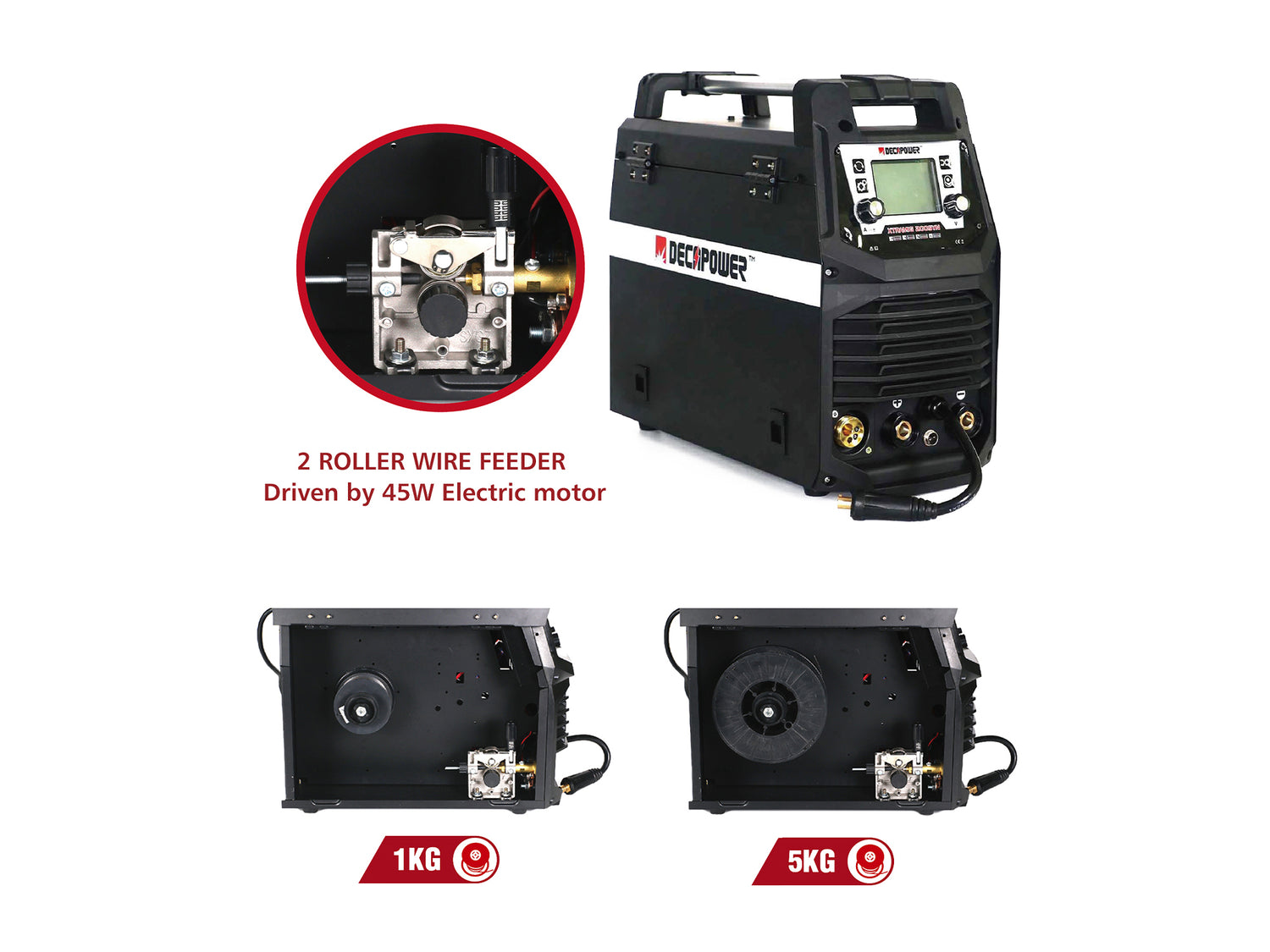 DECAPOWER XTRAMIG 200 two-roll wire feeder with 45 W motor and 1 kg and 5 kg wire spool options