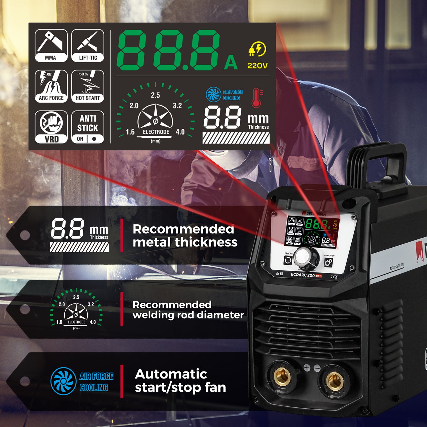 ECOARC-200A CEL  INVERTER STICK WELDING MACHINE With automatic start-stop fan (220 V / EU PLUG)