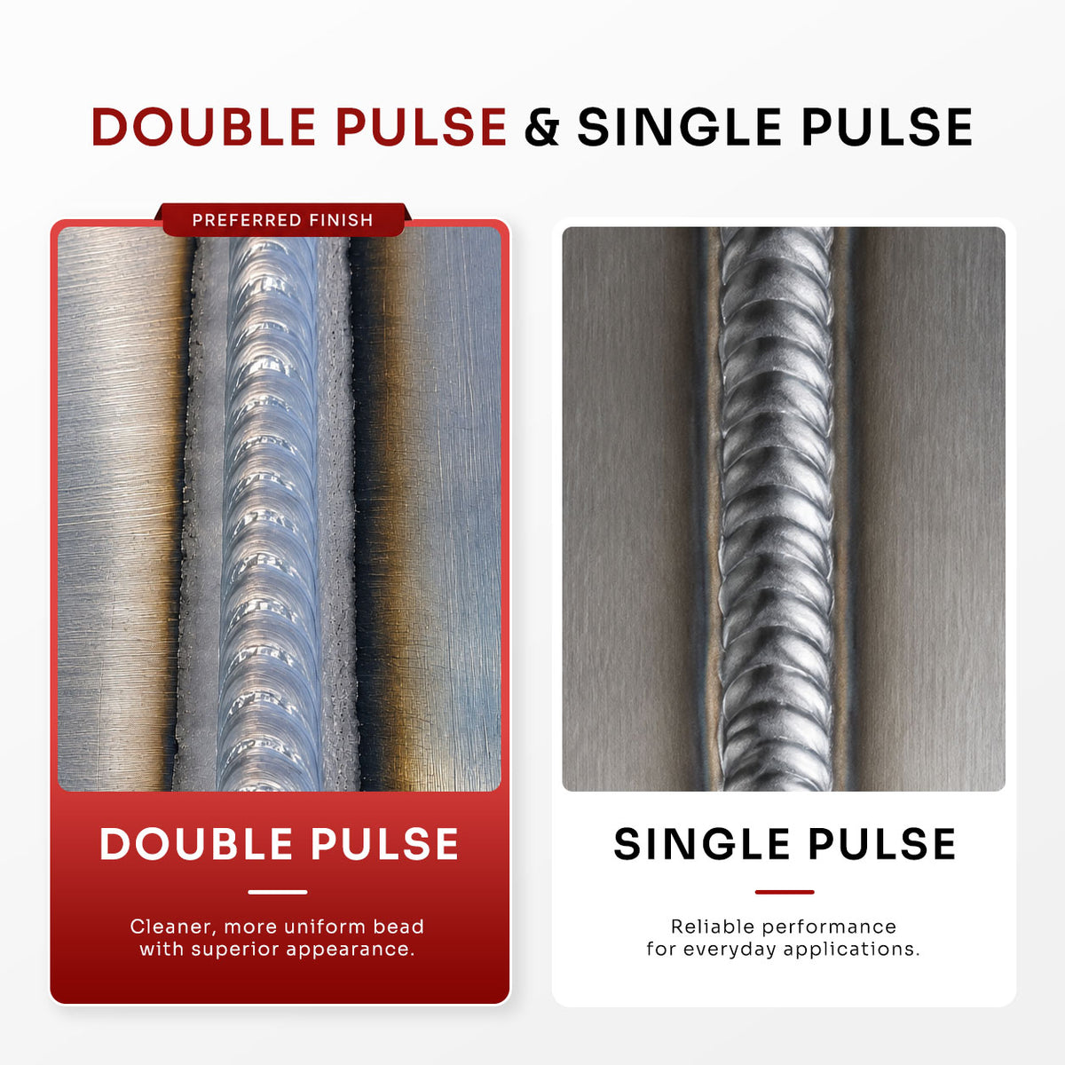 Side-by-side comparison of Double-Pulse MIG and Pulse MIG weld bead appearance