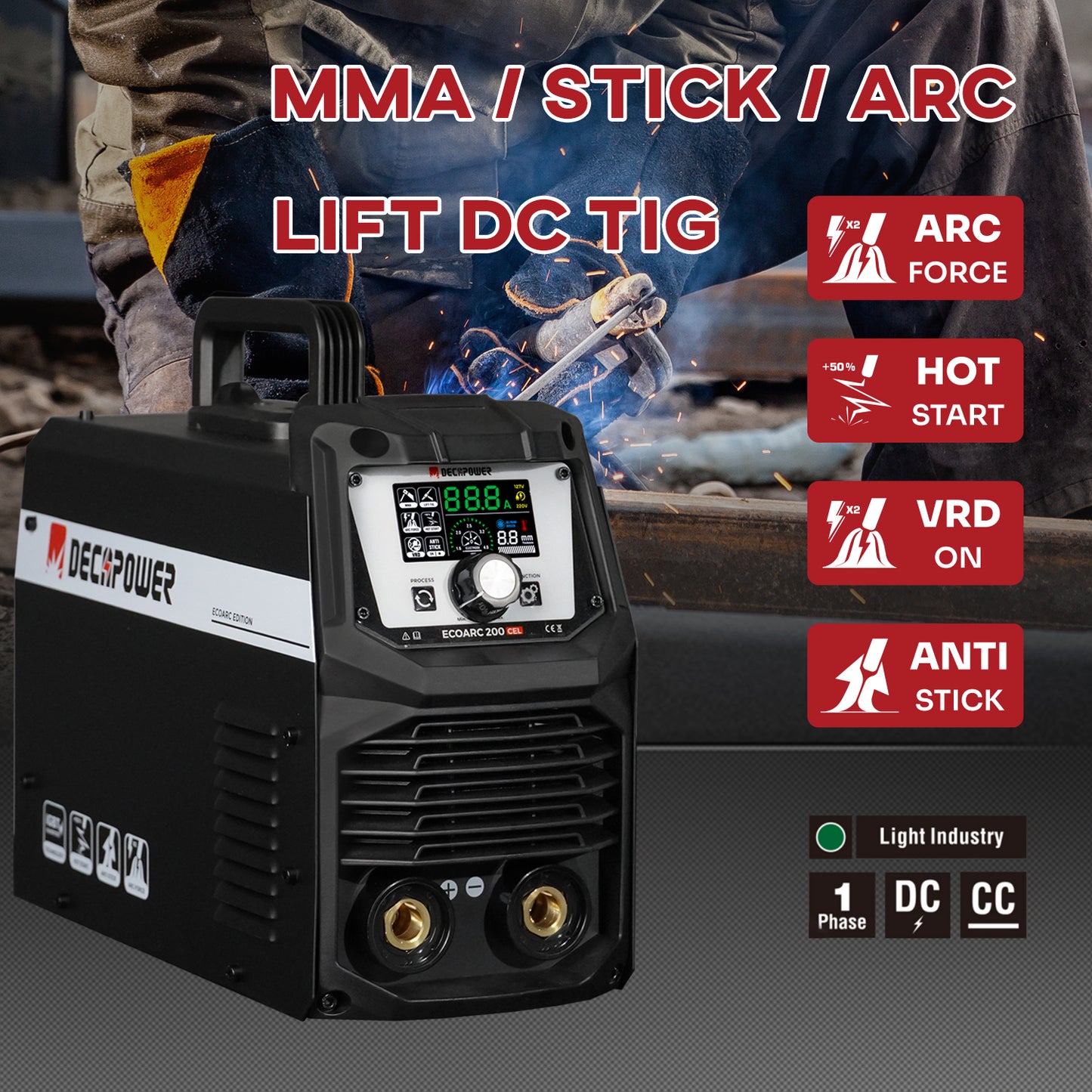 ECOARC-200A CEL  INVERTER STICK WELDING MACHINE With automatic start-stop fan (220 V / EU PLUG)