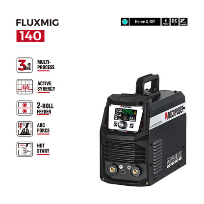 FLUXMIG-140 Flux Core Gasless/Lift TIG/Stick 3-in-1 MIG Welder with automatic start/stop fan. (EU PLUG / 220V)