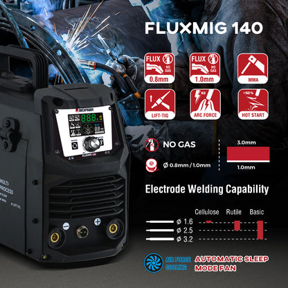 FLUXMIG-140 Flux Core Gasless/Lift TIG/Stick 3-in-1 MIG Welder with automatic start/stop fan. (EU PLUG / 220V)