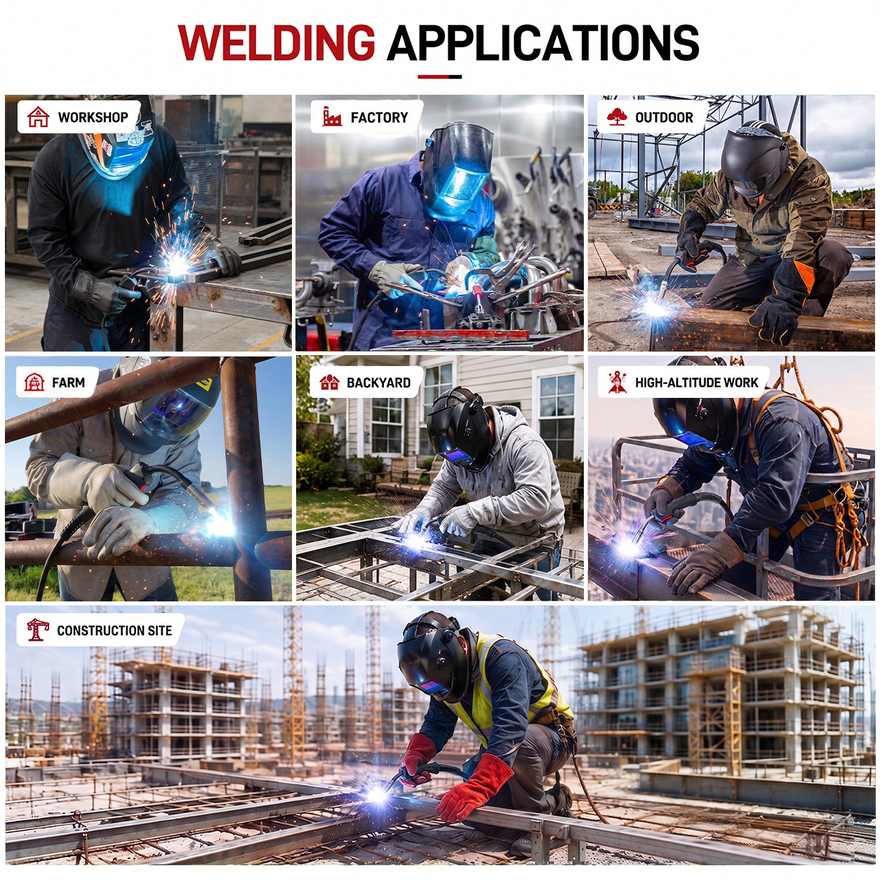 Welding applications in workshops, factories, farms, backyards, outdoor areas and construction sites