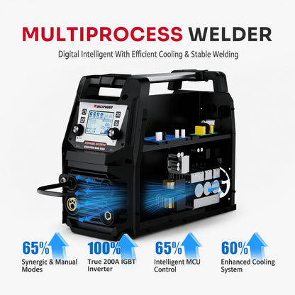 DECAPOWER XTRAMIG 200 welder cutaway illustration showing internal electronics and cooling airflow